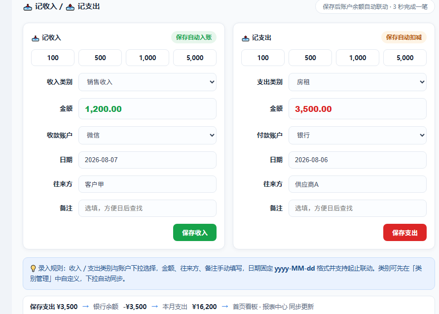 经营报表界面，按月统计收支汇总、按分类分析收支构成，支持Excel、PDF、CSV、TXT四种格式导出，对账报税都方便。