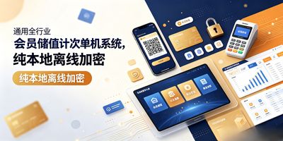 通用会员储值计次系统主界面，会员、储值、计次、收银台、提成、预约模块齐全，六套行业模板一键切换，纯本地离线运行。