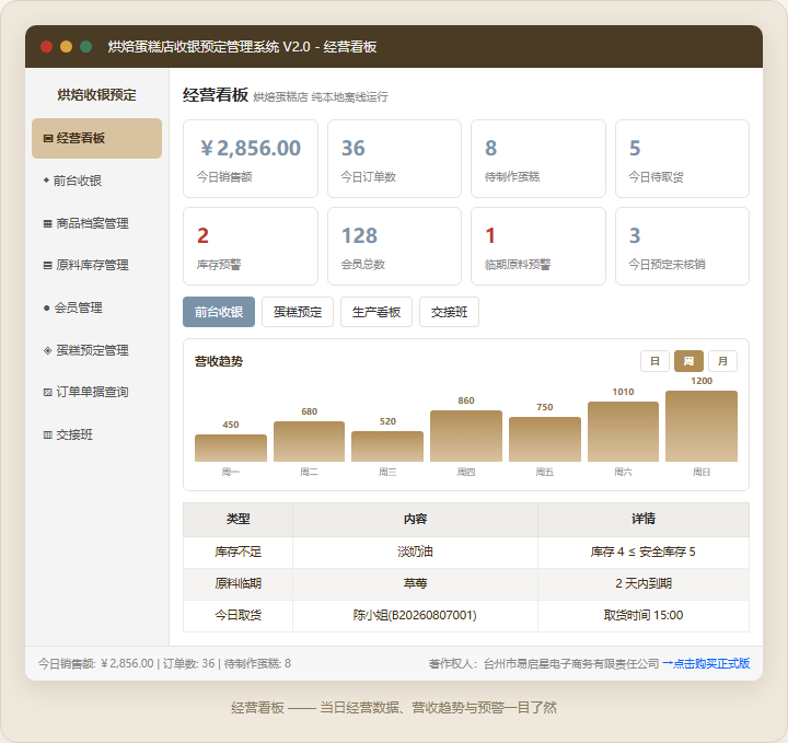烘焙蛋糕店收银预定管理系统 · 软件运行界面截图（演示图 1）